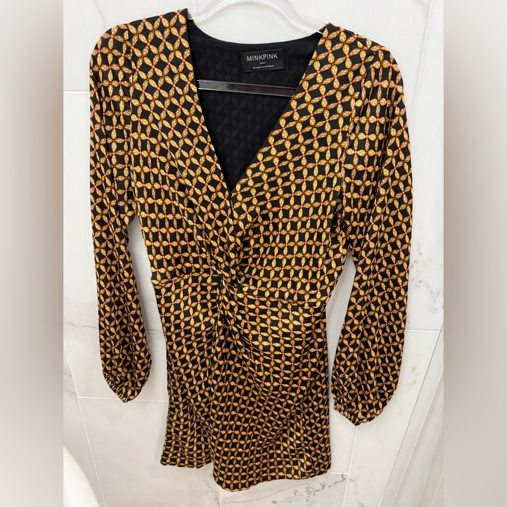 MINKPINK Black and Gold Geometric Long Sleeve Dress
